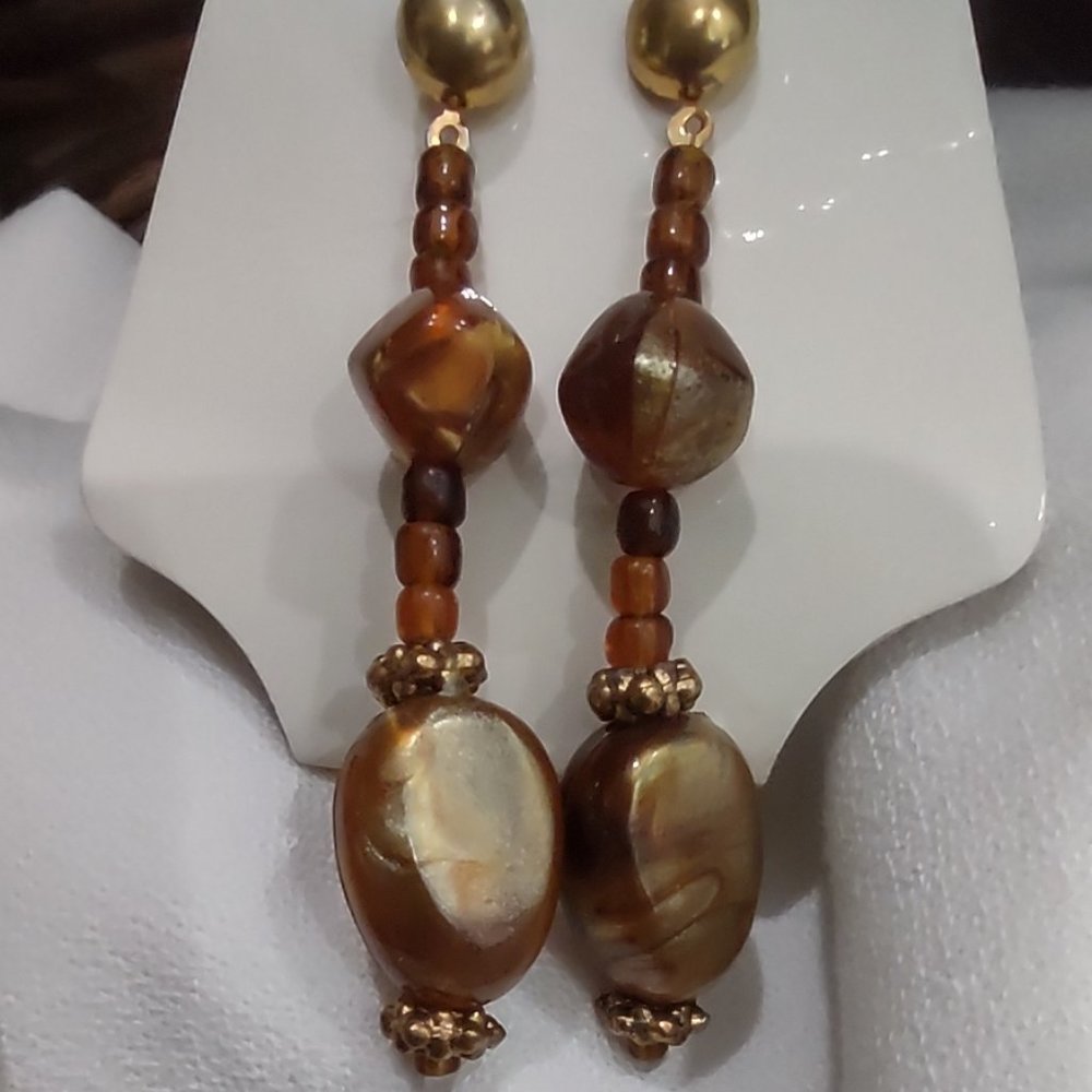 Vintage Brown, Gold and Amber Beaded Necklace and Earring Set - Picture 2 of 9
